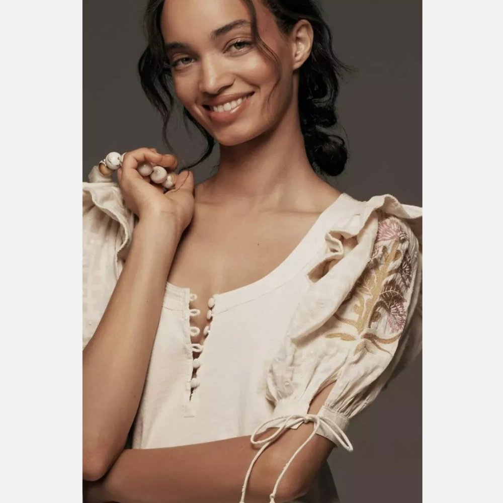 Brand New By Anthropologie Puff-Sleeve Embroidered Top
